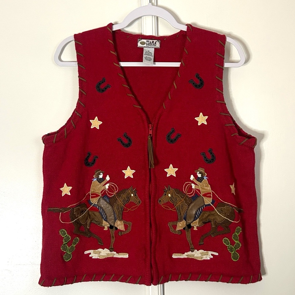 Tiara Red Western Embroidered Vest with Horses & Stars